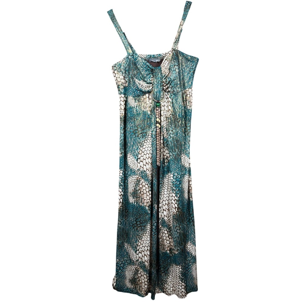 Roz & Ali Maxi Dress Women 14W Teal Snakeskin Gold Metallic Shimmer O-Ring Bead
